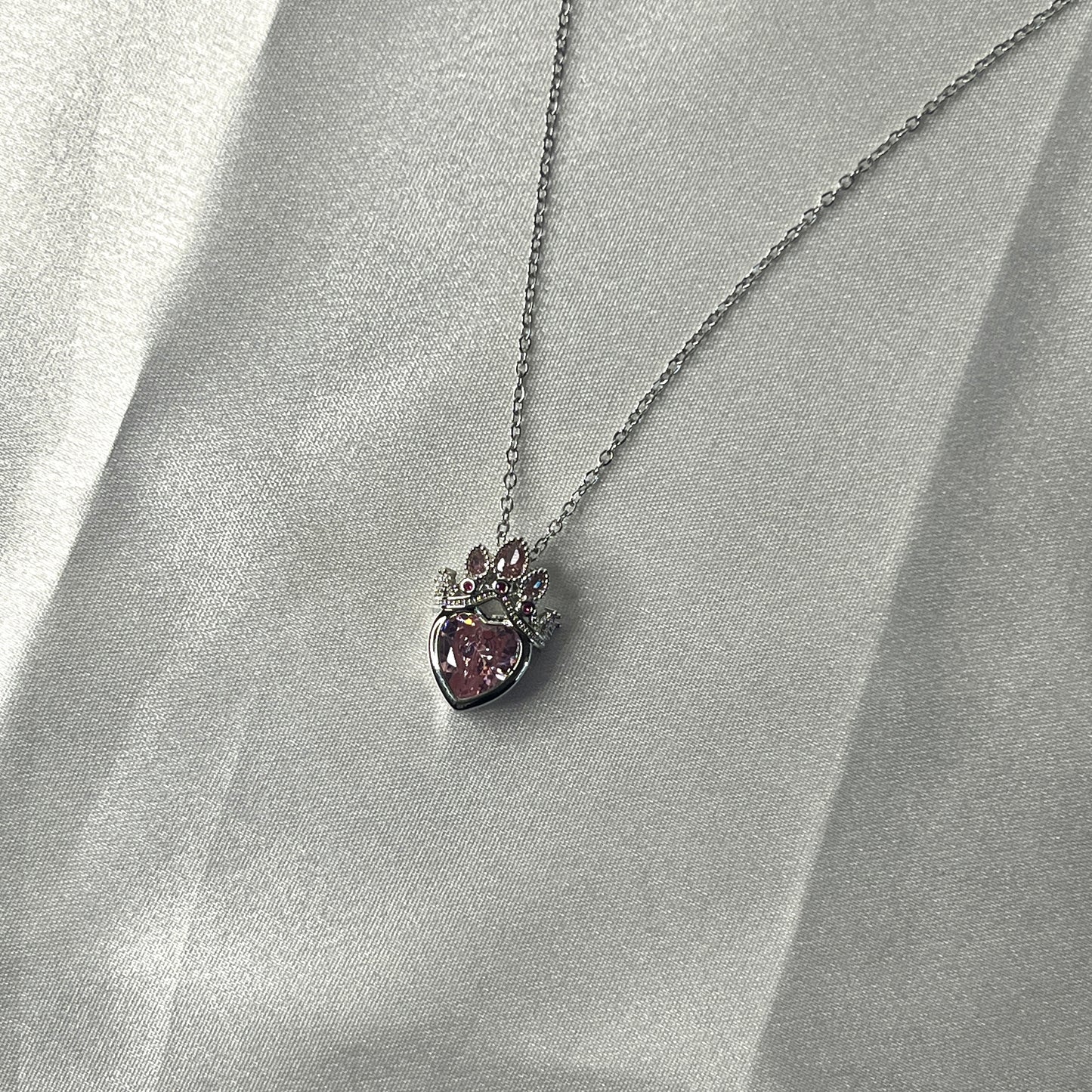 Anti Tarnish Silver Plated Heart Themed Pink Crown Pendant
