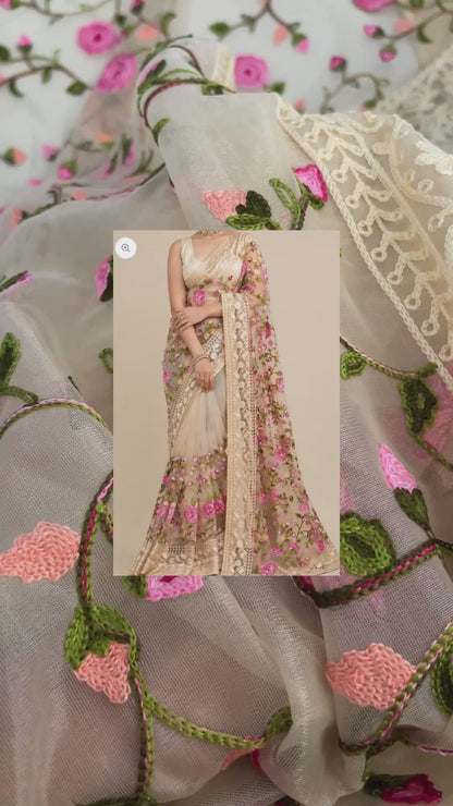 Cream Net Floral Saree
